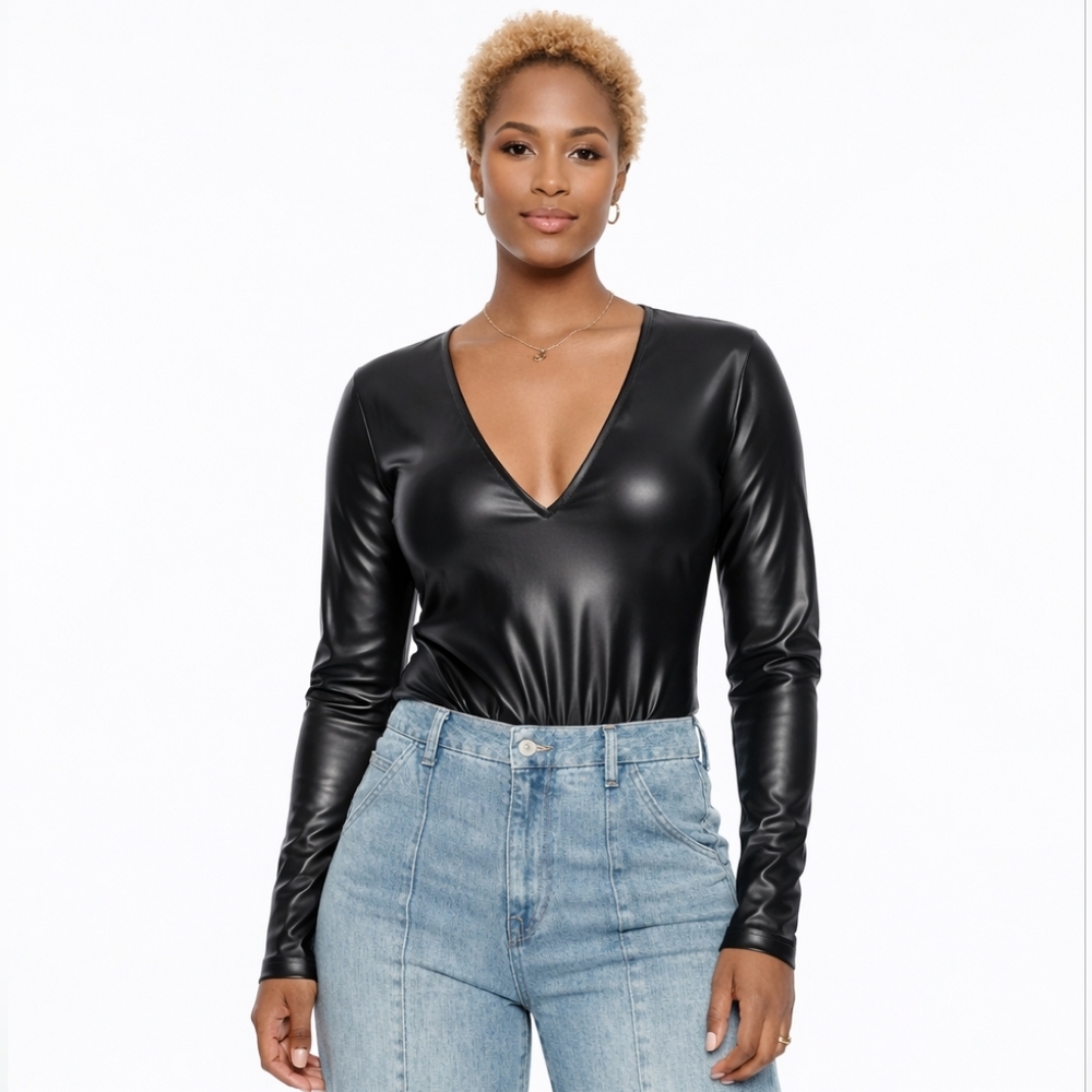 New Black V-Neck Vegan Long Sleeve Top
